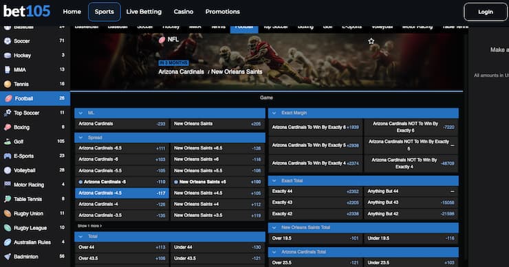 Odds display from Bet105, a major player among Arizona online sportsbooks.